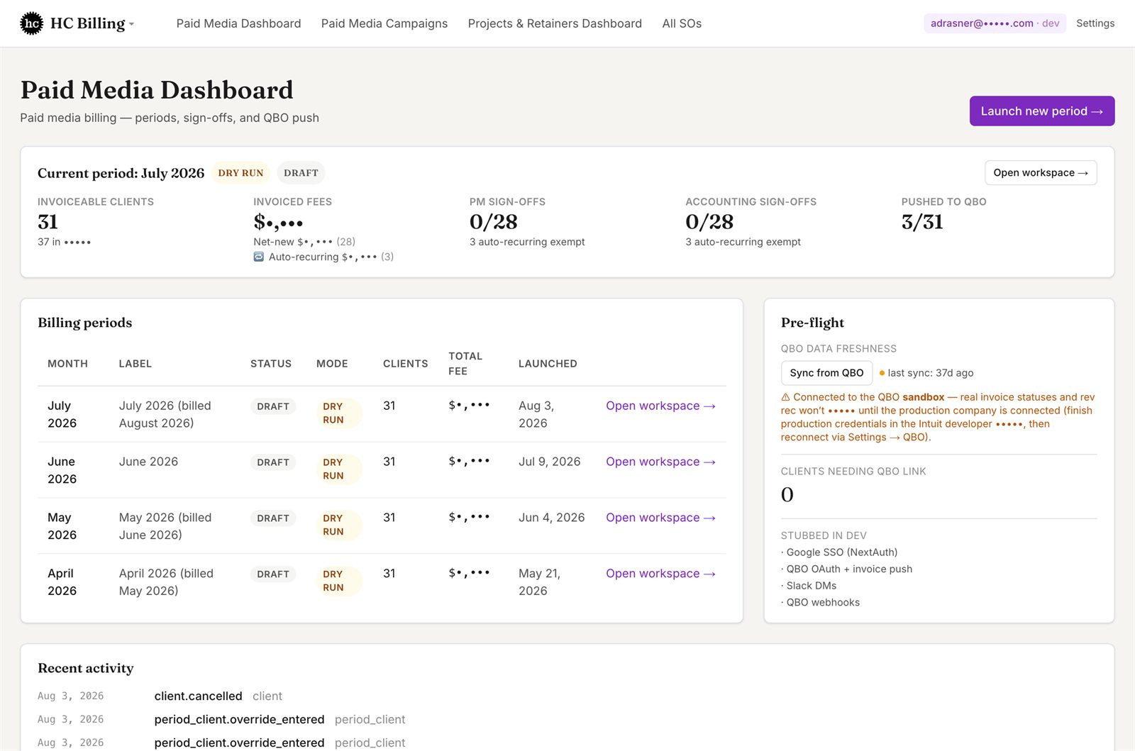 Paid media dashboard showing billing periods and sign-off progress.