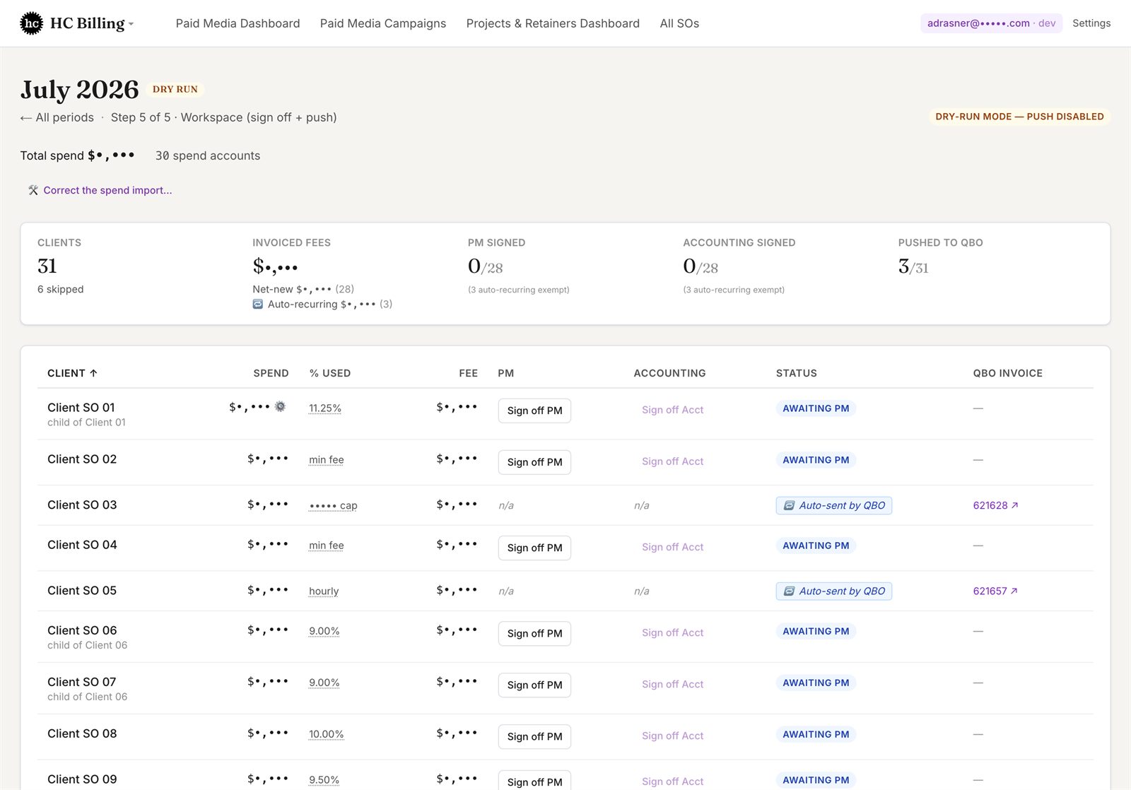 Period workspace with per-client spend and computed fees.