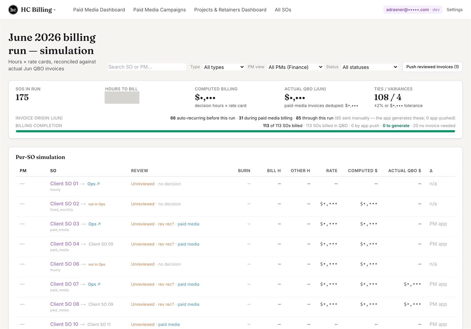 Monthly billing run scoring ties and variances against QuickBooks.