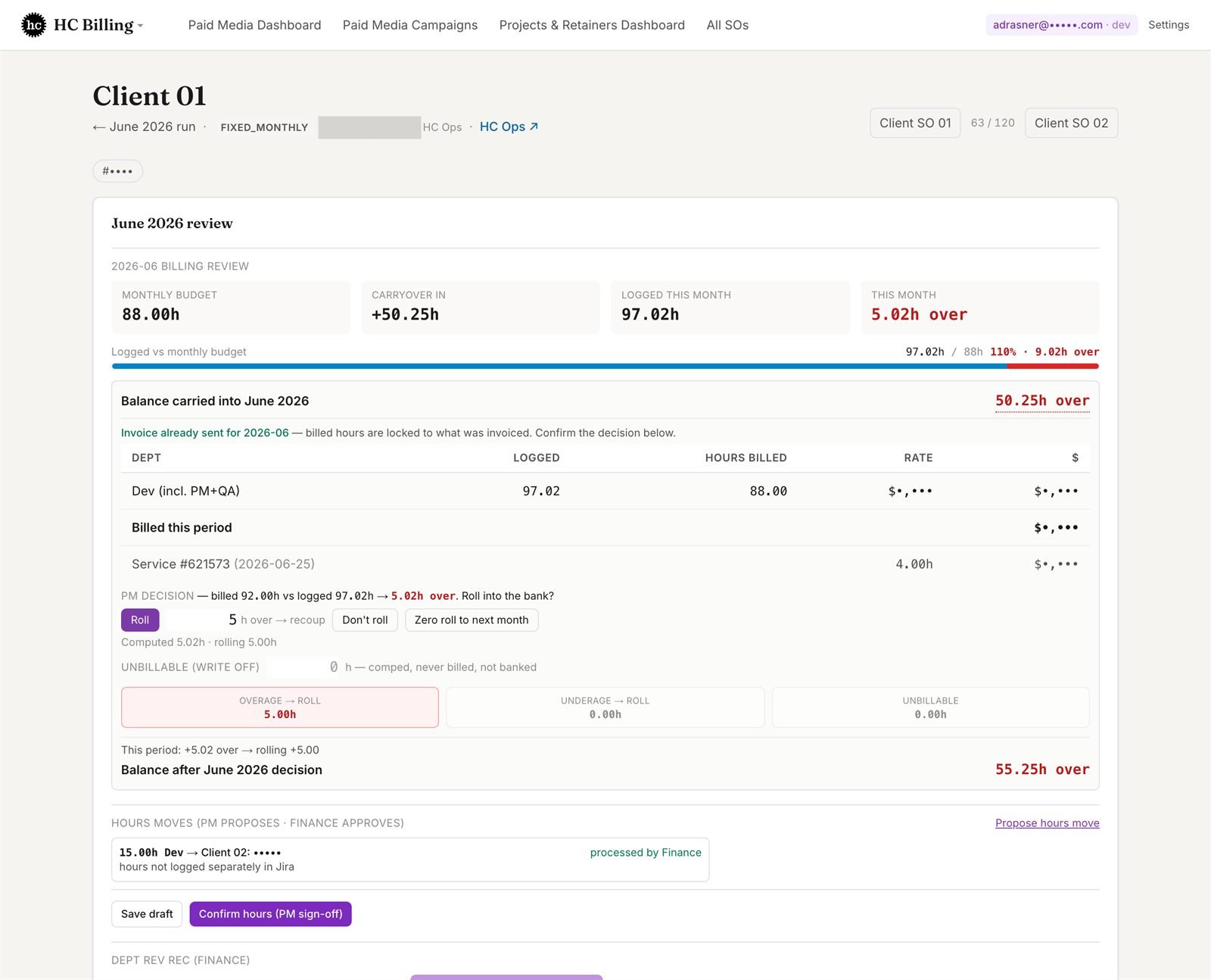 Retainer review showing rolling hour bank and billing decision.