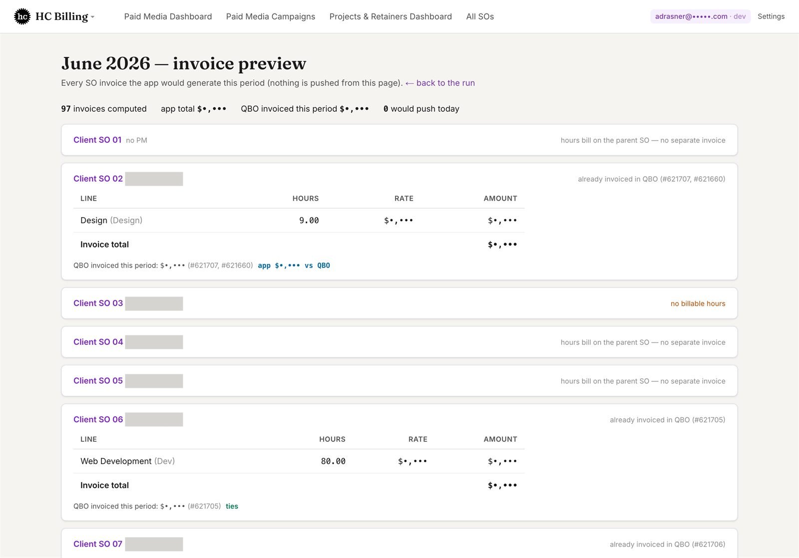 Invoice preview reconciled line by line against QuickBooks.