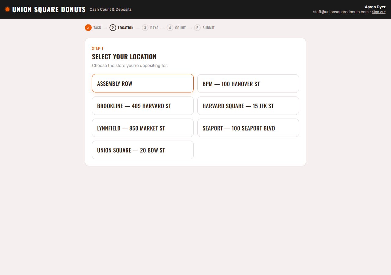Location picker listing seven stores.