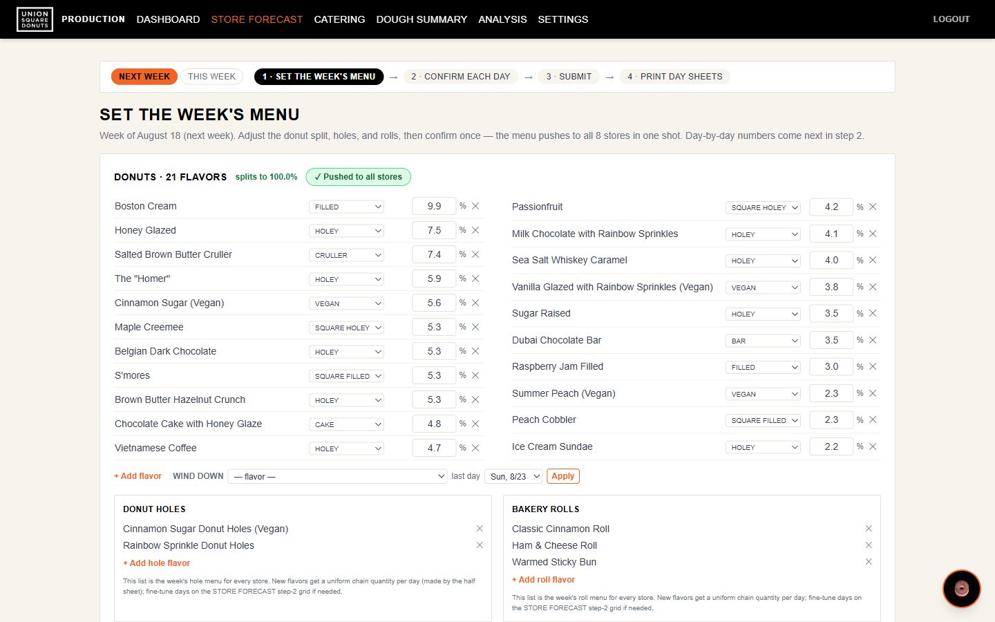 Step 1 — set the week's menu: 21 flavors with percentage splits totalling 100%.