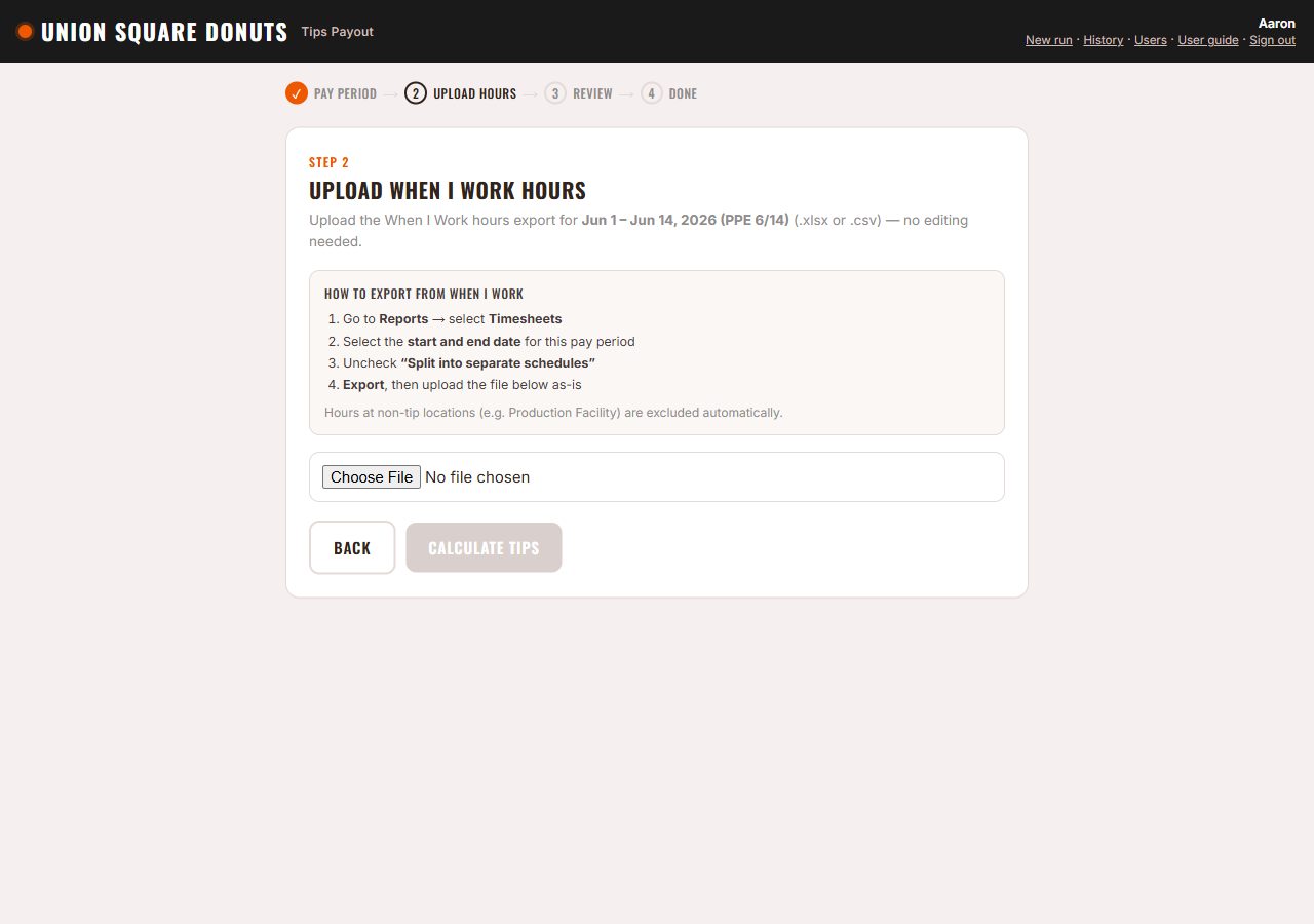 Hours upload step with export instructions.